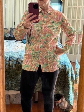 Lightweight Tropical Print Button-Up Shirt Jacket - Pink & Green